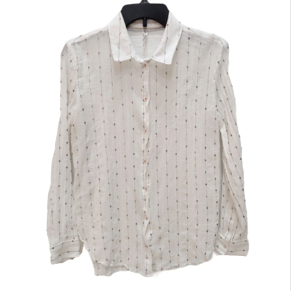 Feather Bone Anthro White Sequin Button Up Top Xs - image 1